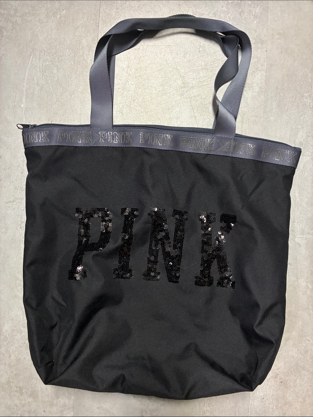 PINK Victoria's Secret Black Sequin Logo Tote with Gray Trim